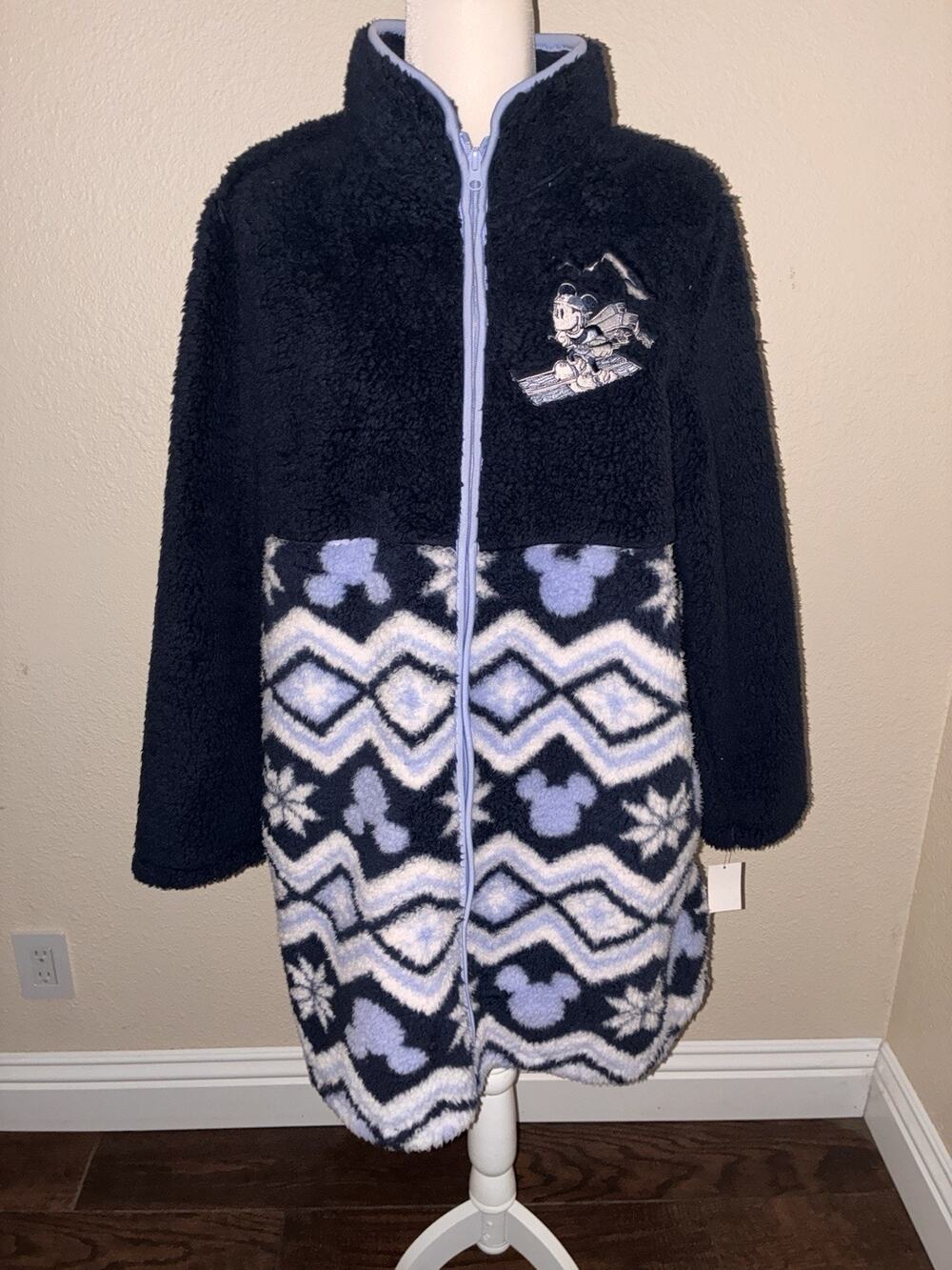 Disney Mickey House Zip Up Fleece Jacket L Blue Ski Lightweight